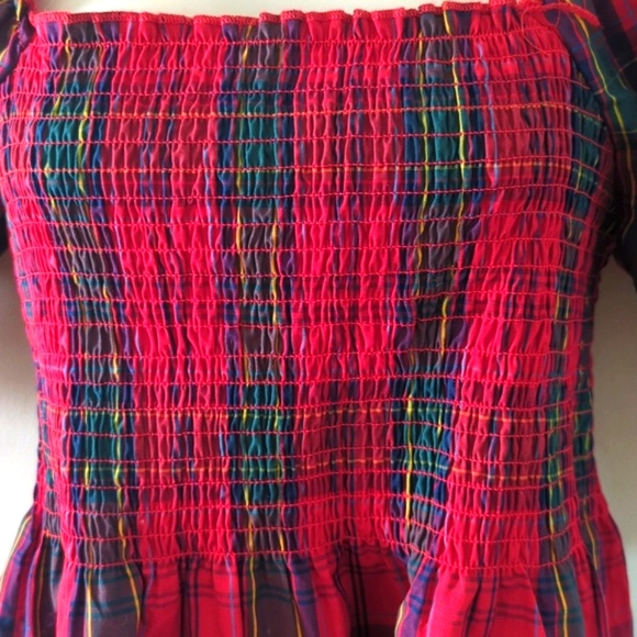 Nicole Miller Red Smocked Tartan Plaid Puff Sleeve Dress S - Picture 9 of 16